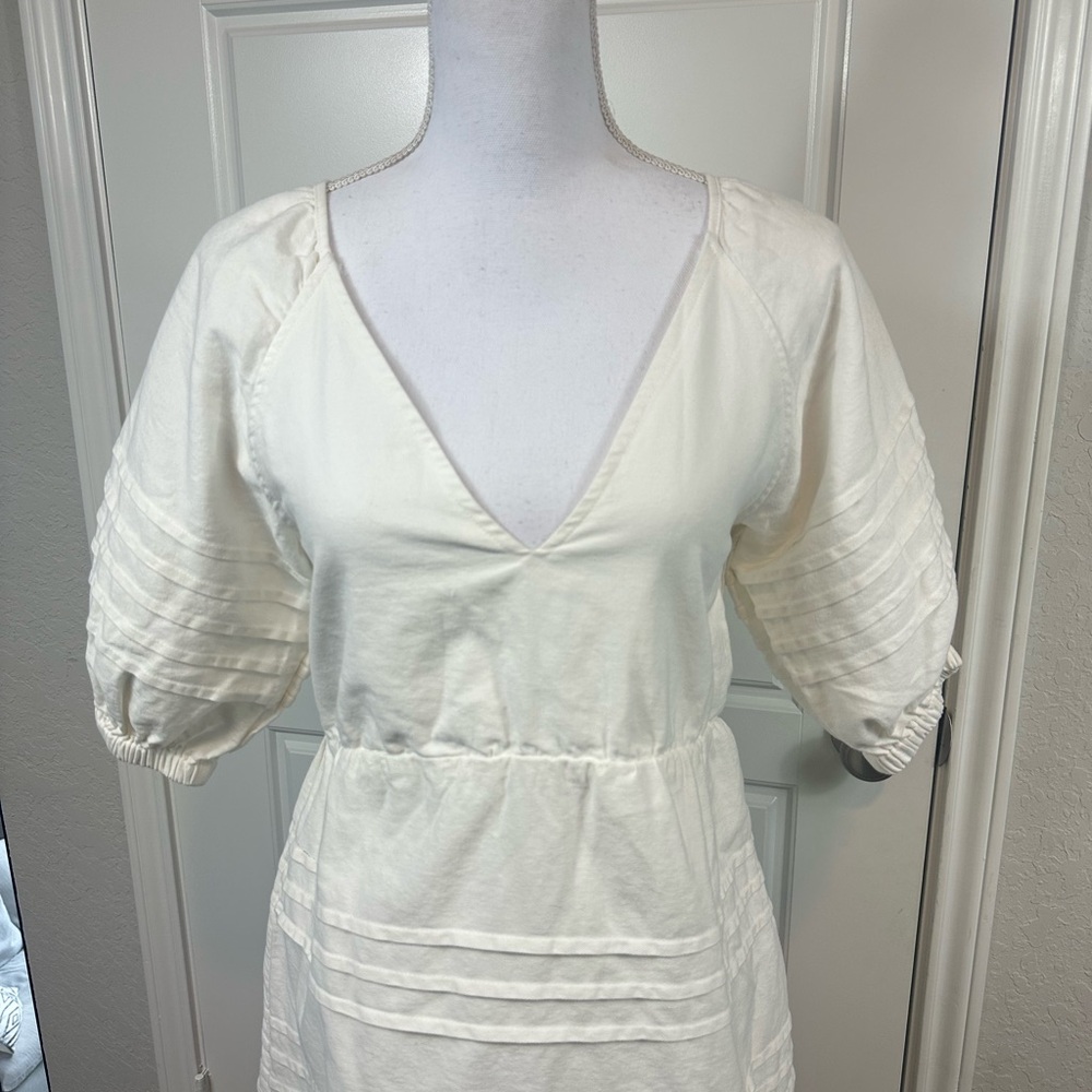 7 for all Mankind Puff Sleeve Denim Babydoll Off White Dress Size Small NWT - Picture 3 of 11